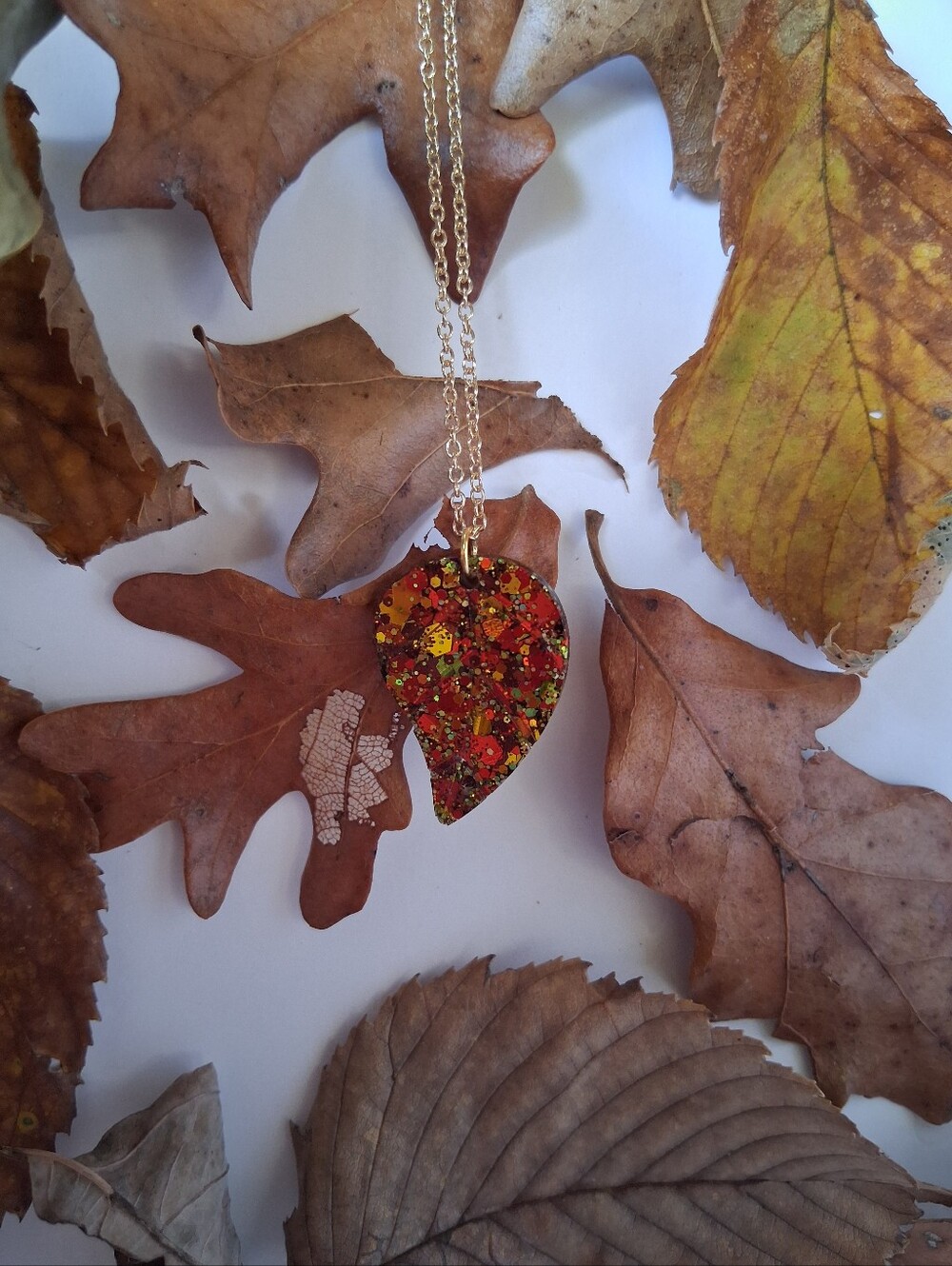 ✨ Autumn’s Fallen Spark- Hand Crafted Red and Gold Leaf Pendant Necklace